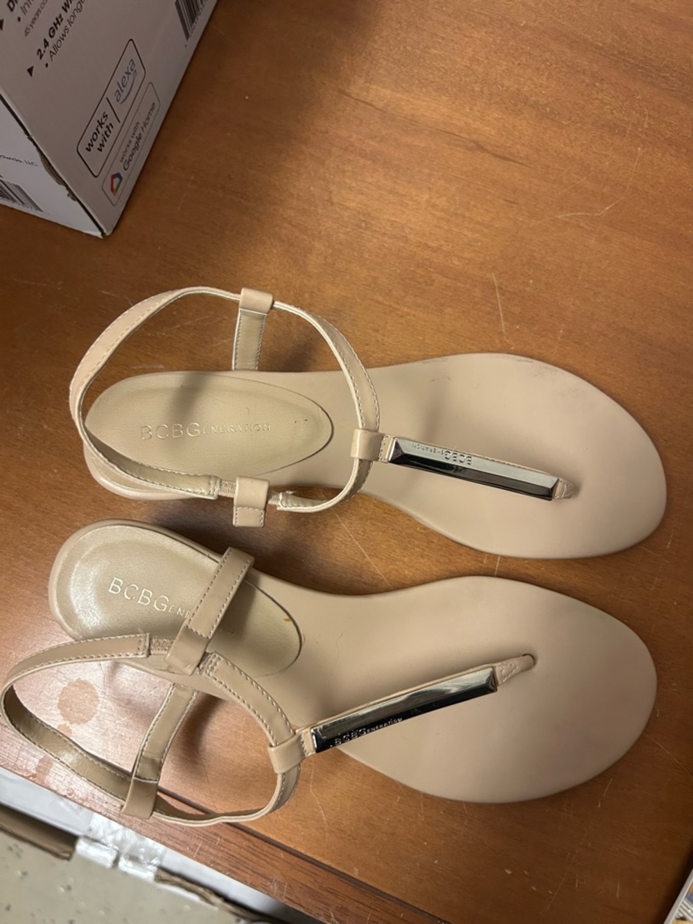 BCBGeneration Beige T-Strap Sandals with Silver Accent 7.5W, slightly used
